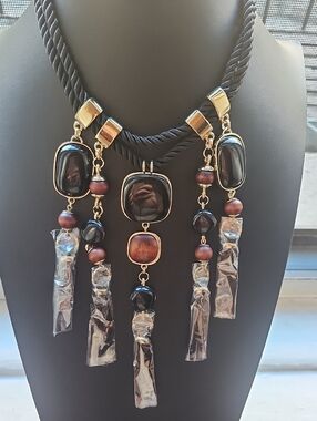 Chico's Black and Brown Beaded Multi-Drop Necklace